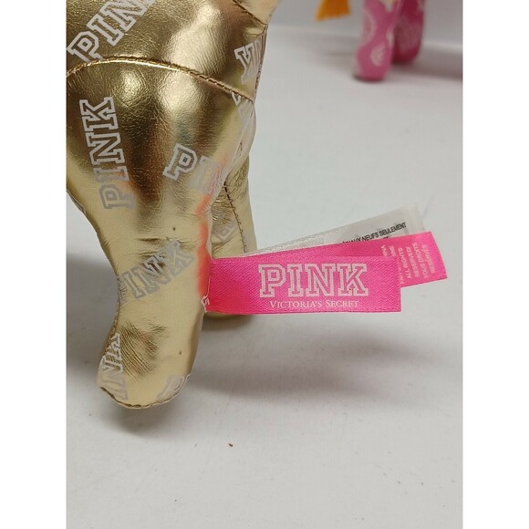 2 Victoria Secret Pink Mini Dog Stuffed Plush 7" Metallic Gold Phi Beta Pink - Picture 10 of 12